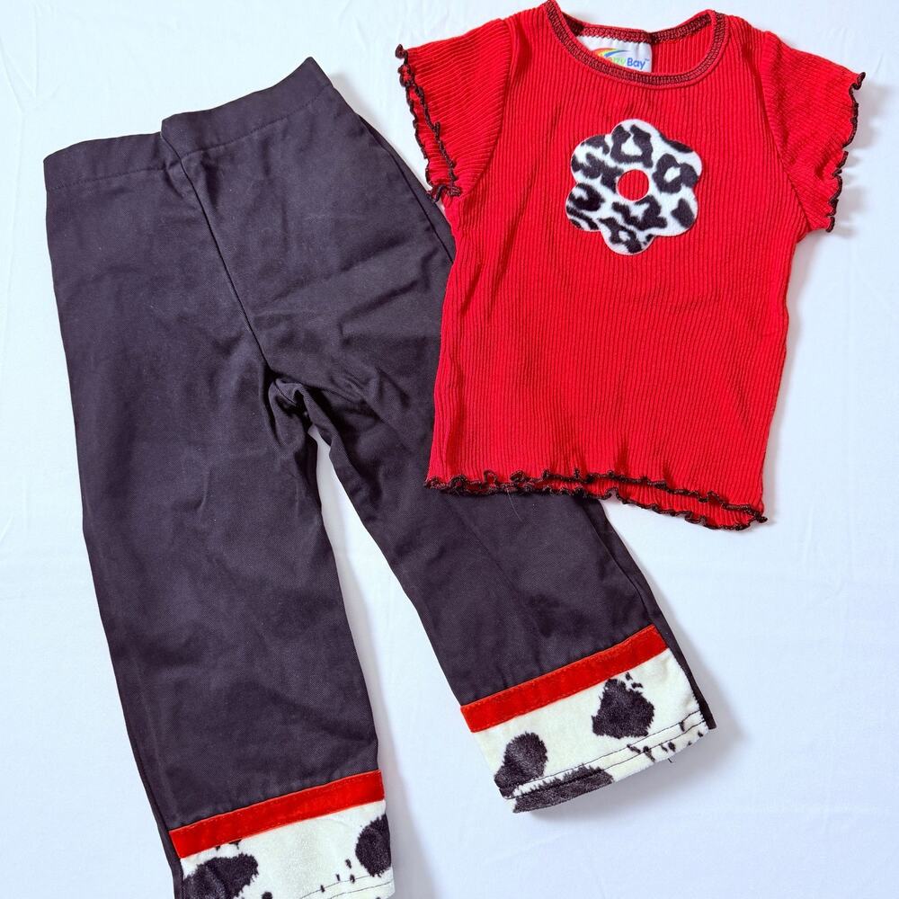 Vintage 90s Rainberry Bay Red Ribbed Cow Print Floral 2pc Matching Outfit Set 4y